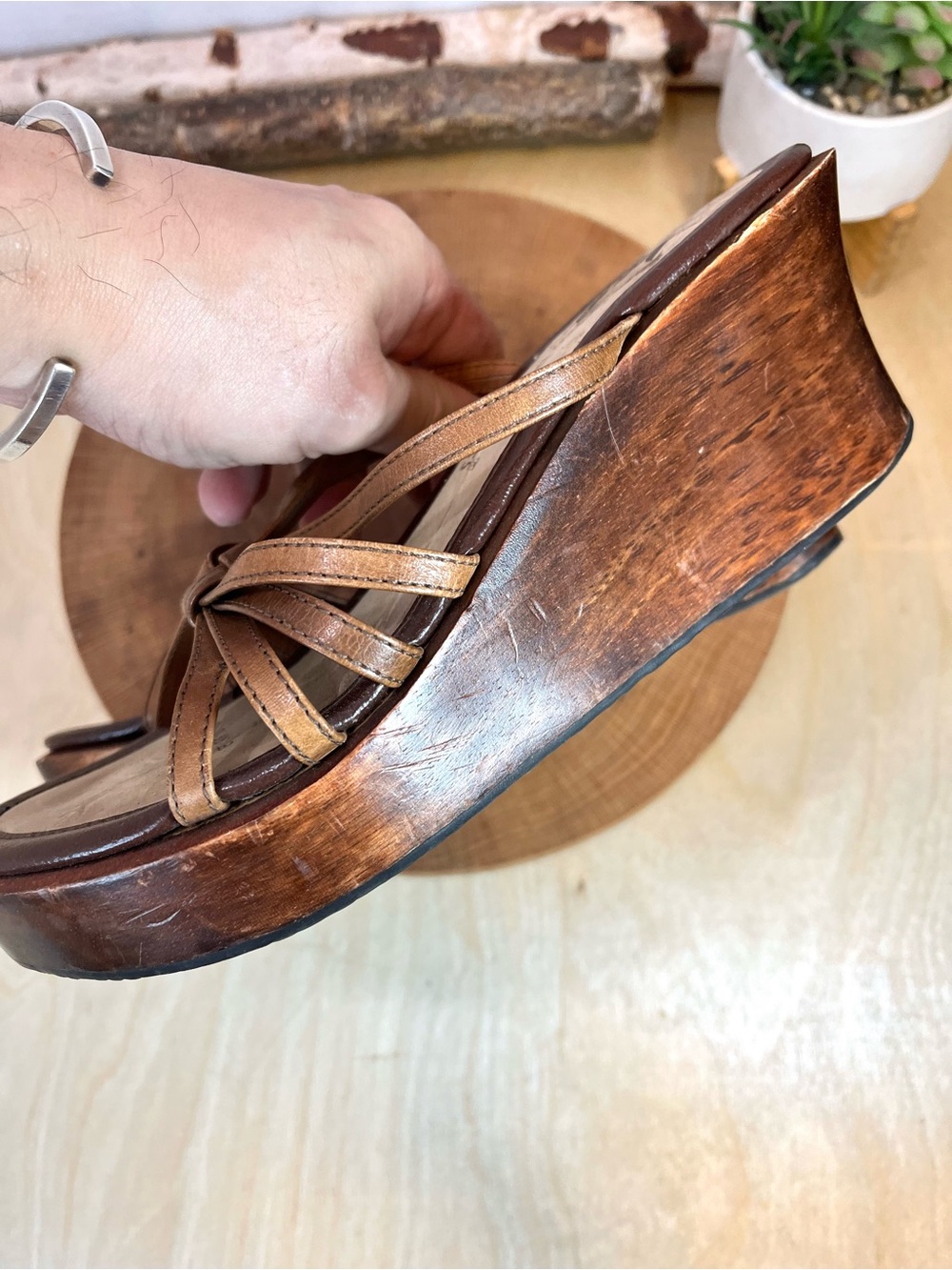 Vintage No Boundaries Leather Wooden Wedge Sandals - Size 7.5 - Boho Y2K - Picture 13 of 15